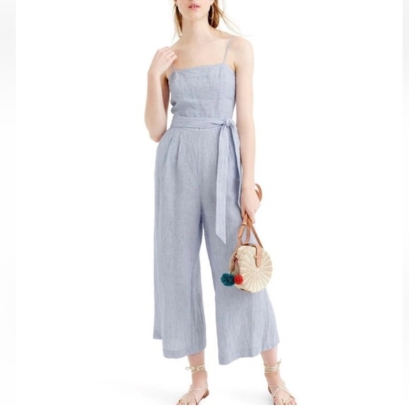 🆕 J. Crew Seersucker Jumpsuit Blue & White. Hand Pockets. Waist Tie. Size 6 - Picture 2 of 13